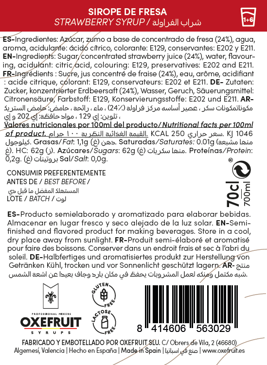 Sirope OXEFRUIT Fresa 0º 70cl