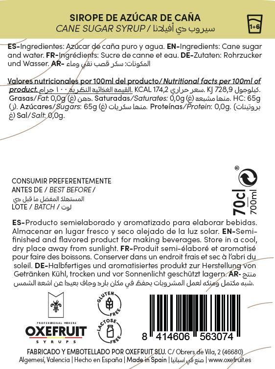 Sirope OXEFRUIT Azucar de Caña 0º 70cl